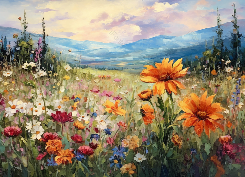 远处山峰背景草地上野花花簇甘菊盛,插画/手绘图,插画/手绘图库,插画/手绘图下载,插画/手绘
